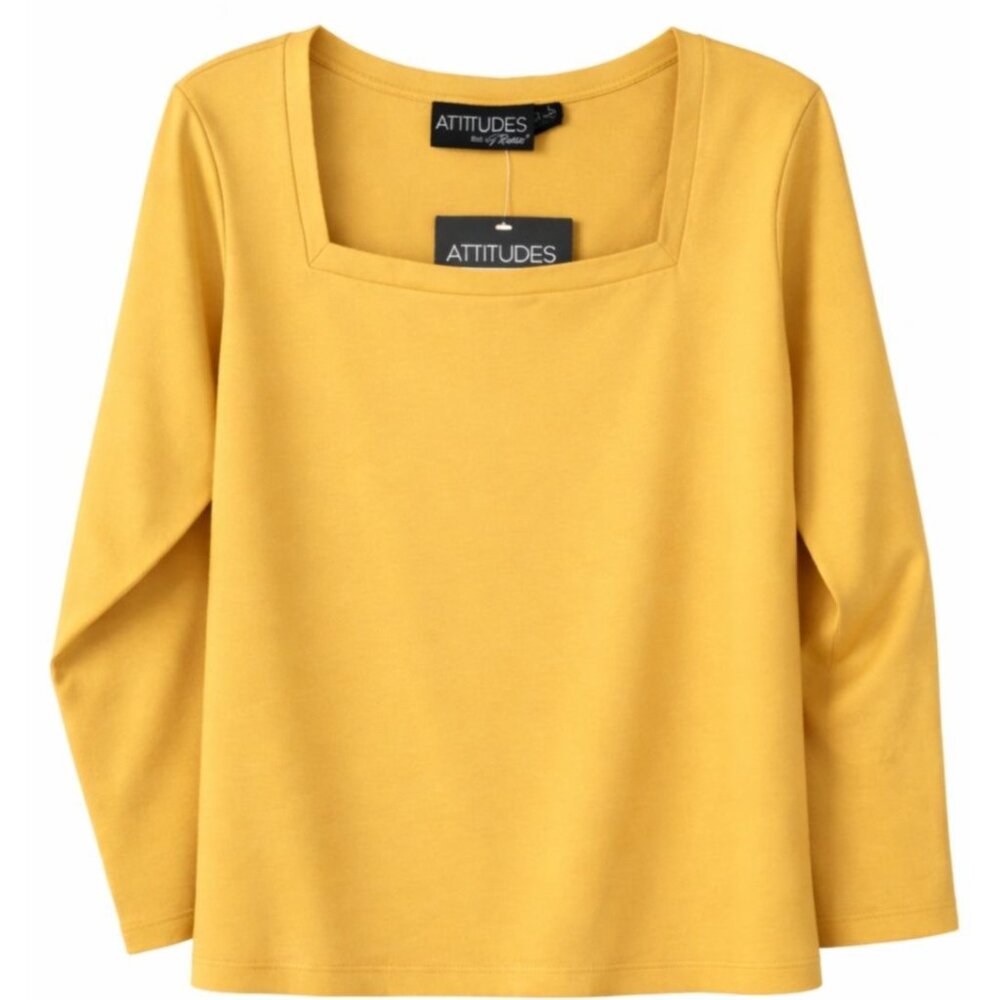 Attitudes  Size 1X  By Renee Womens Yellow Square Neck Long Sleeve Top